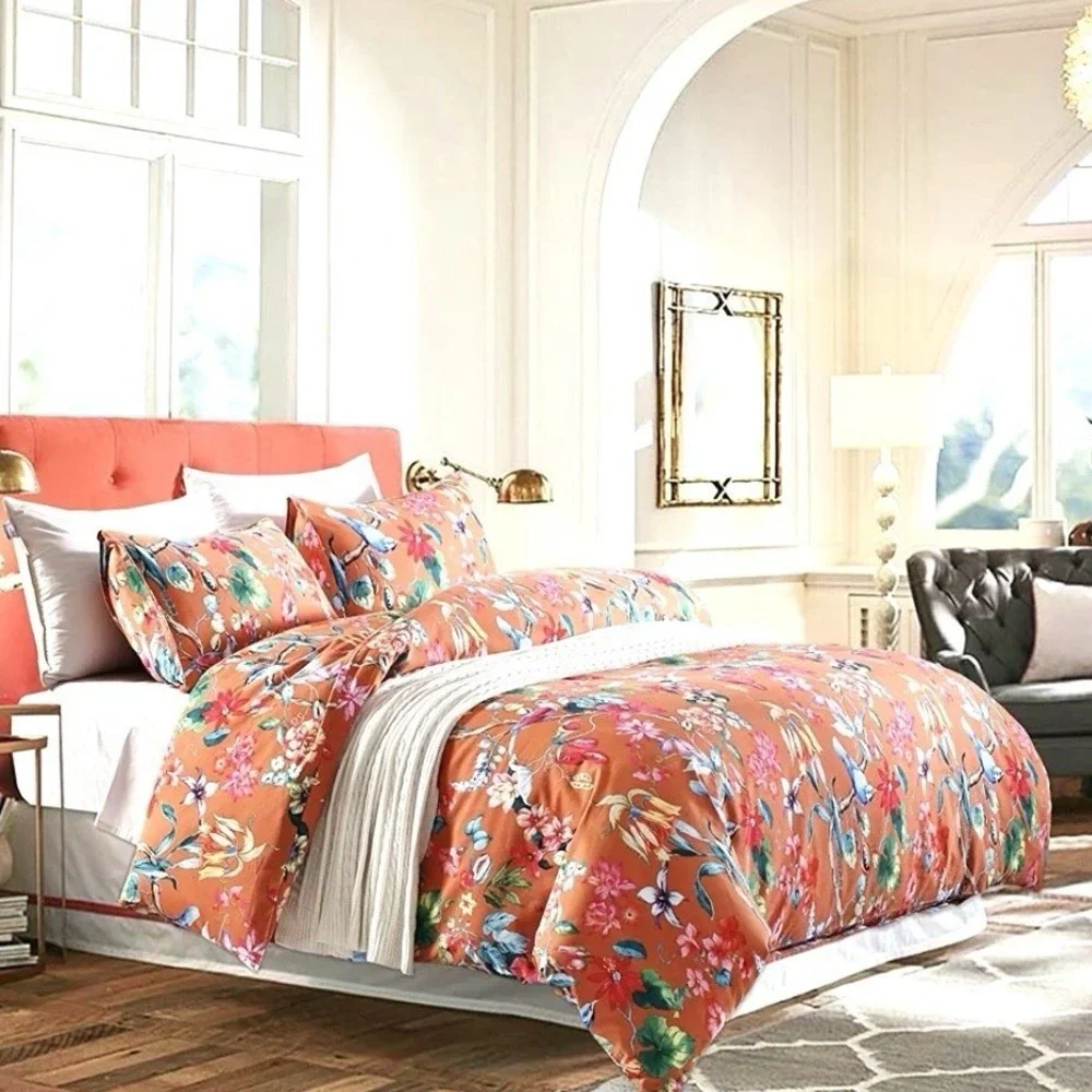 Eikei Botanical Garden Brushed Duvet Bedding Set Tropical Orange Floral Queen